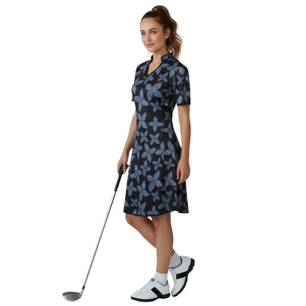 Ben Hogan Pixel Floral Dress Black Multi Small V-neck‎ Short Sleeve Golf Sporty